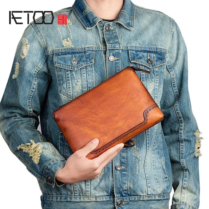 

AETOO Top layer cowhide vintage clutch, vegetable tanned leather men's clutch, genuine leather business clutch