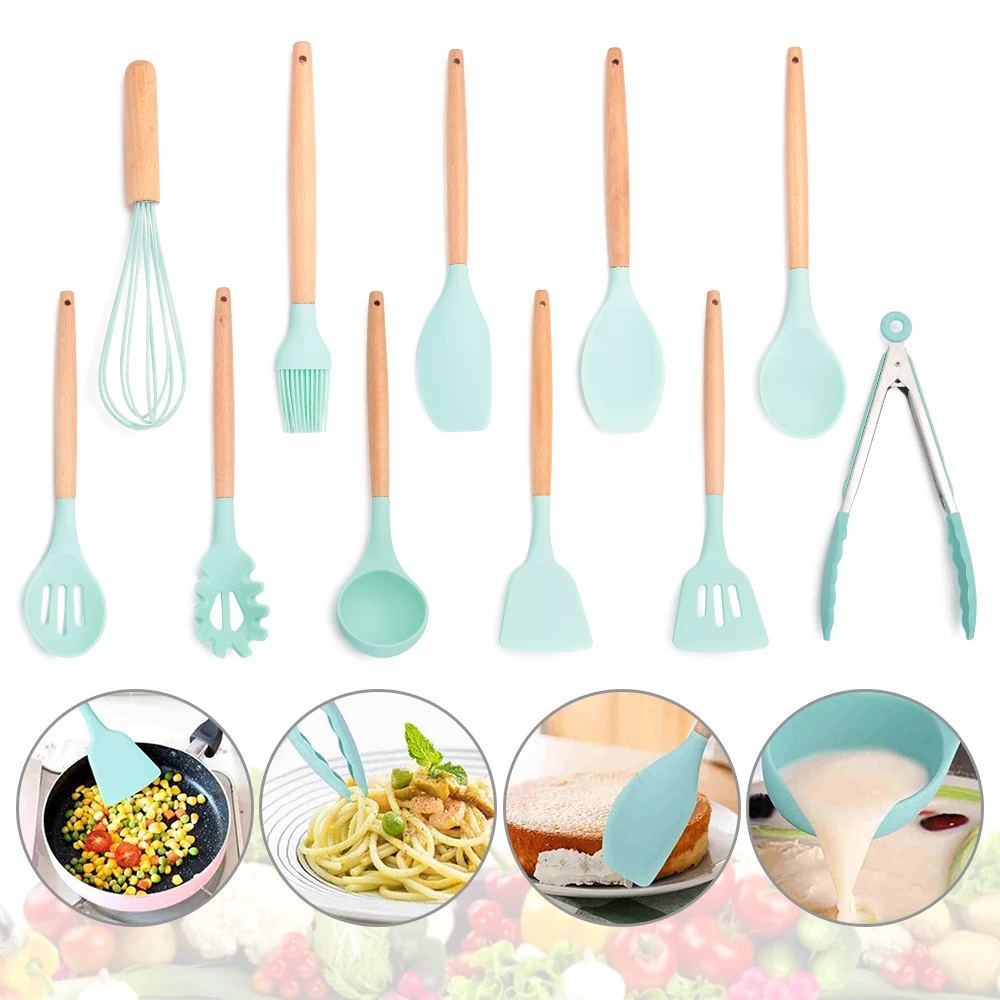 Силиконовая антипригарная кухонная утварь 1 шт. деревянная ручка столовая посуда