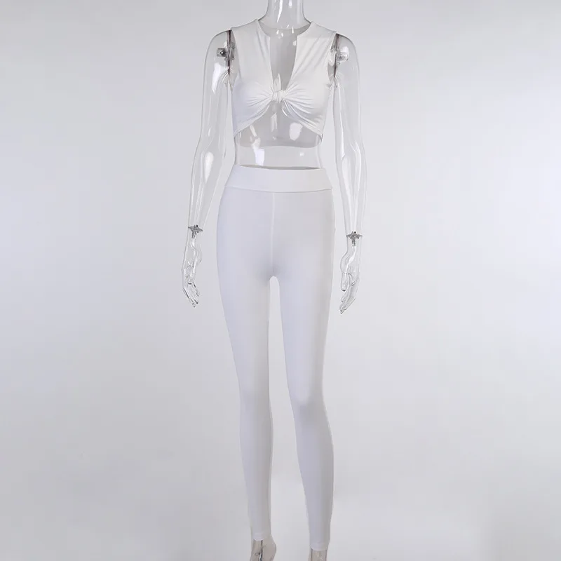 

Night Club 2020 Summer Style Sleeveless V Neck Tops White Solid Trousers Two Piece Fashion Designer Women's Set