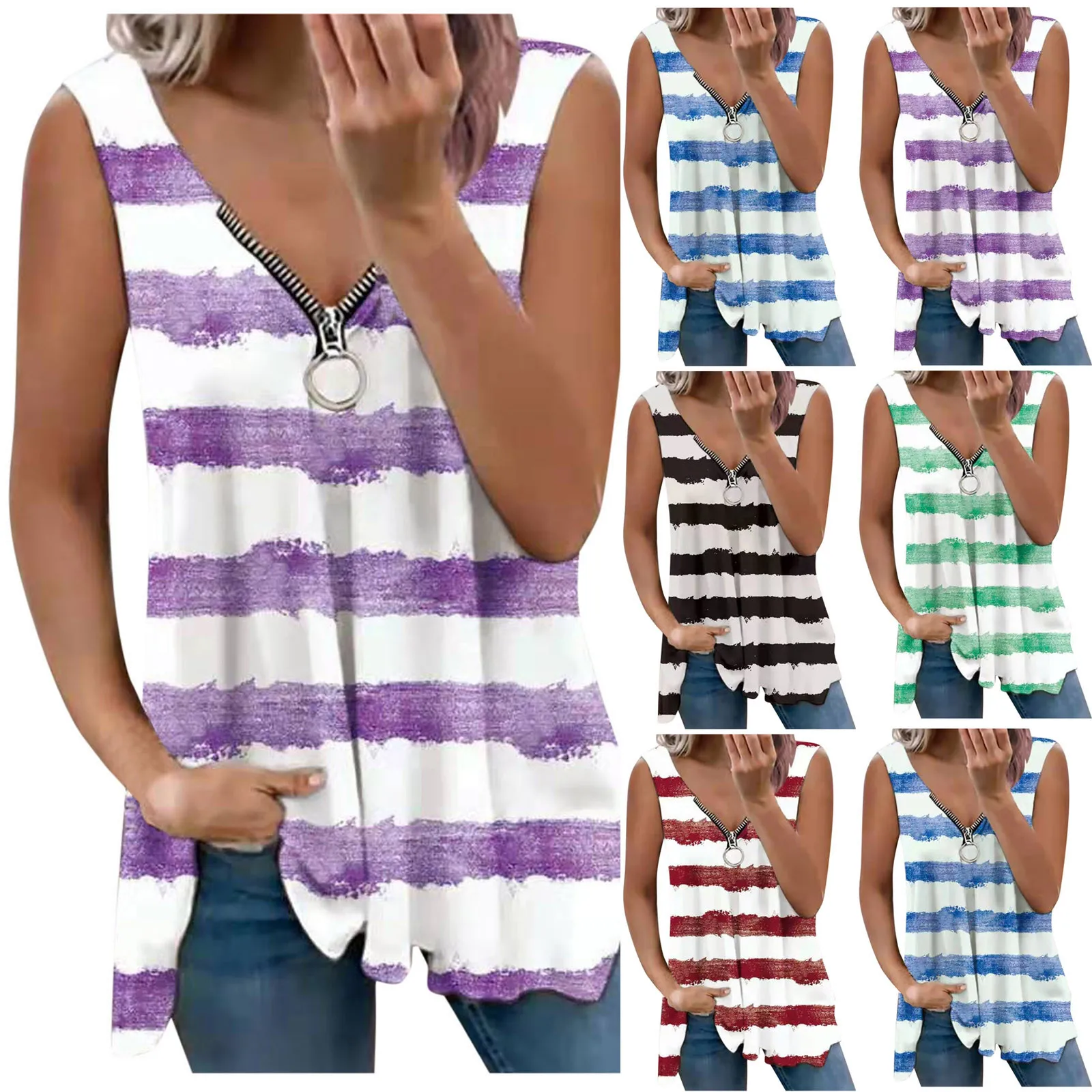 

57# Women Striped Print Tank Tops Summer V Neck Sleeveless Tank Tops Loose Fit Tops Casual Camisole Plus Size Pullover Blouse