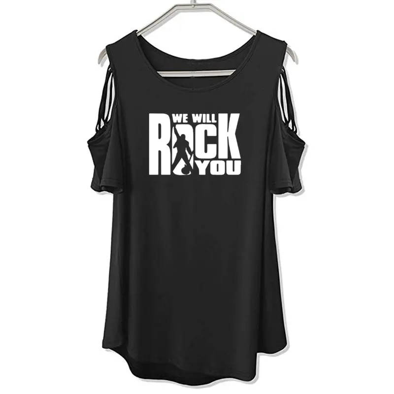 Женская футболка с открытыми плечами We Will Rock You летняя коротким рукавом в стиле