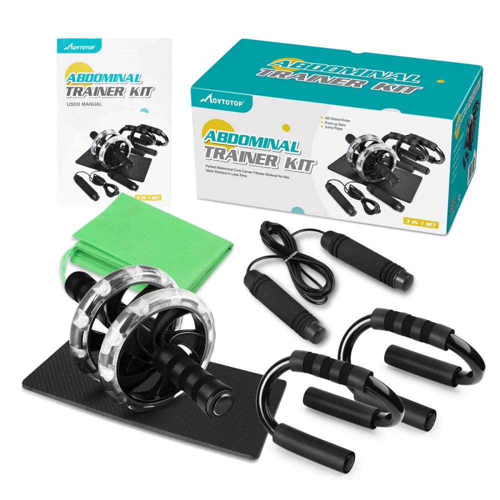 

MOVTOTOP Abdominal Trainer Kit AB Wheel Roller with Push-Up Bars Jump Rope and Knee Pad Perfect Abdominal Core Carver Fitness Wo