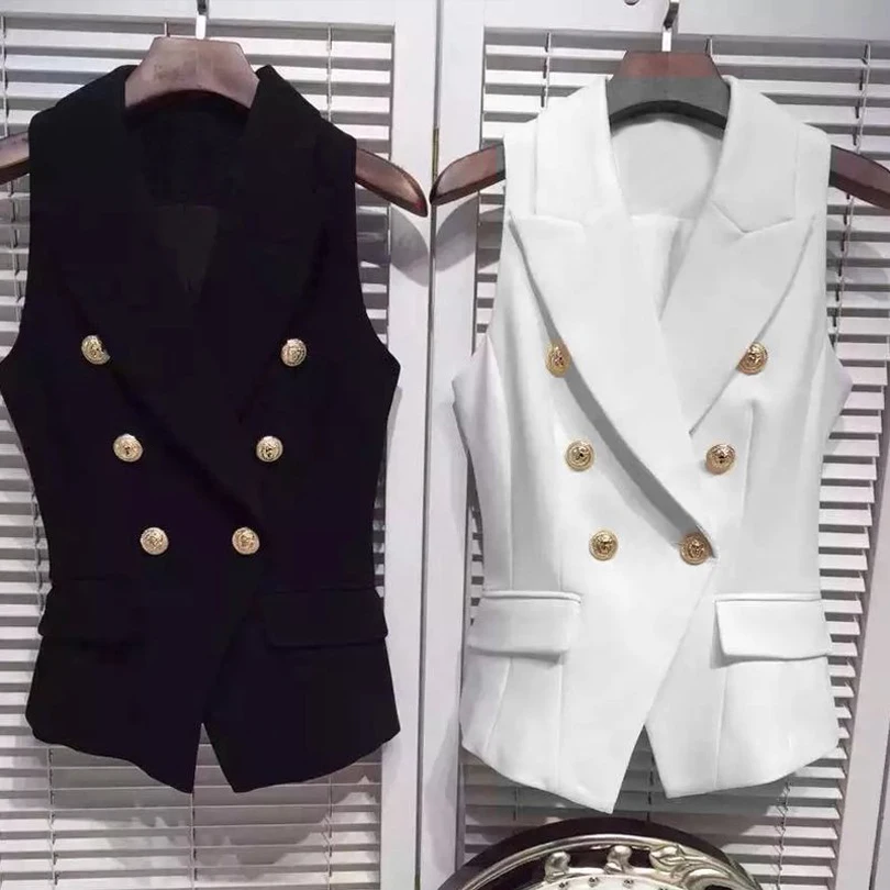 

New Fashion 2021 Career Style Women's Gold Buttons Double Breasted Vest Outerwear White/Black
