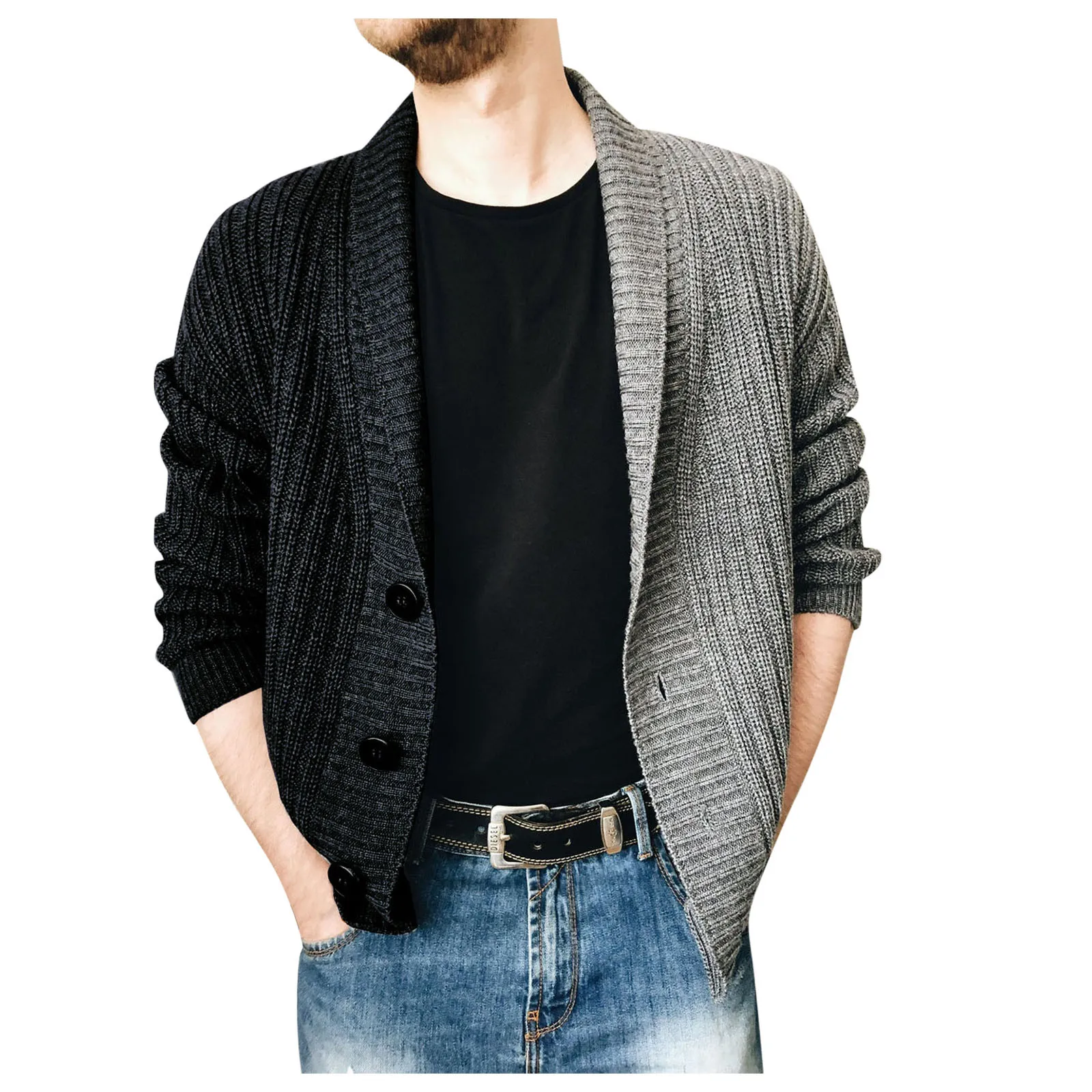 

Мужской кардиган Sueter Masculino, двухцветный однобортный вязаный кардиган с отложным воротником, свитер, пальто для мужчин