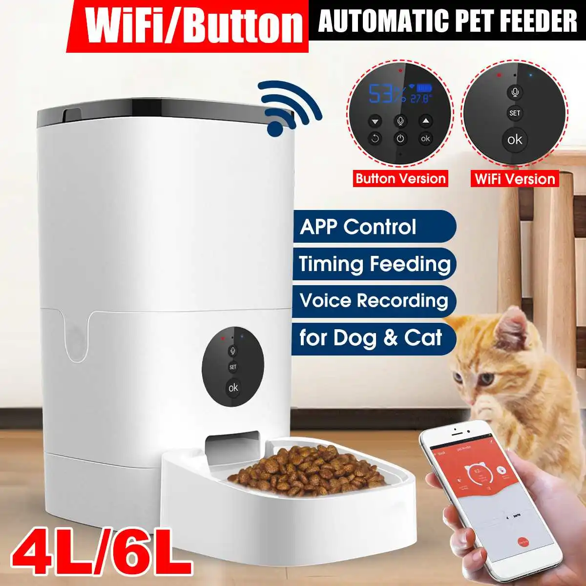 

Automatic Pet Feeder 4L/6L Smart Cat Dog Food Dispenser Remote 5S Voice Recording Control APP Timer [WiFi/Button Version]