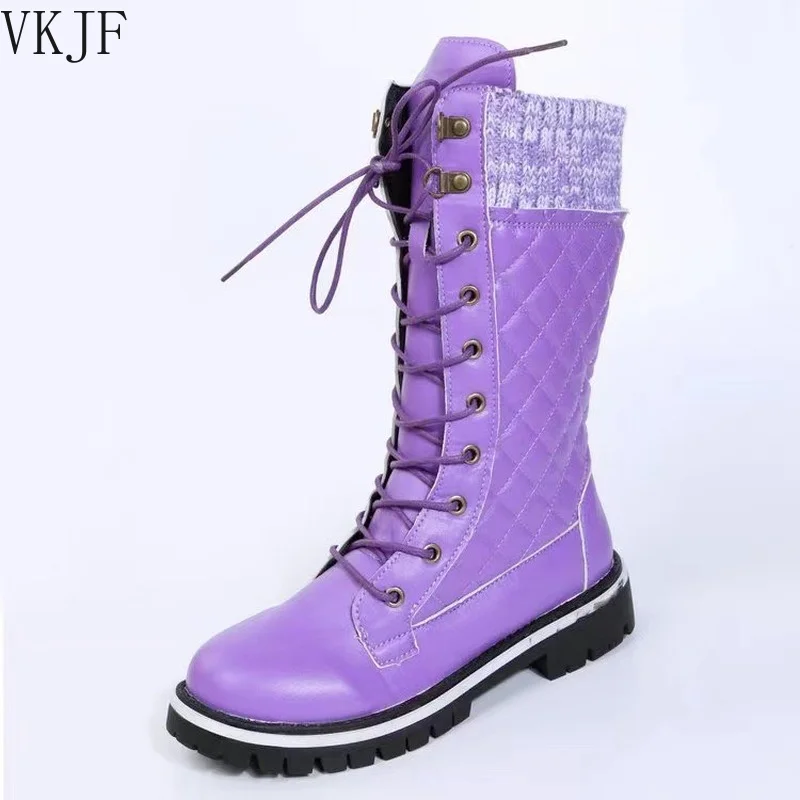 

2021 Women Winter Lace-up Knitted Mid-calf Boots Low Heel Round Toe Boots Top Quality Winter Warm Boots Women Botas De Mujer