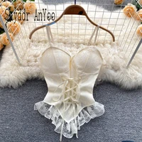fashion womens corset streetwear white camisole lace aesthetic spagetti strap bandage sexy cropped tank top summer tube top