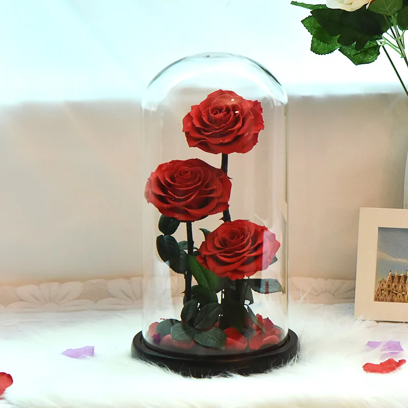

2020 Eternal Preserved Rose with Glass Dome 3 Flower Heads Rose Forever Love For Mother's Birthday Valentines Day Gift