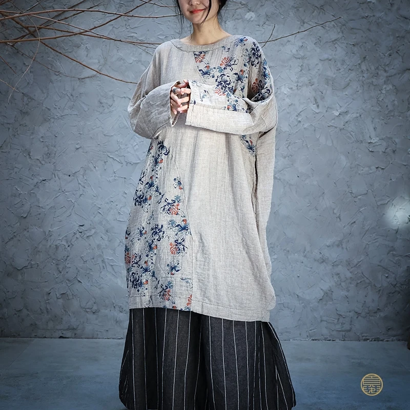 Johnature Autumn Retro Fashion Patchwork Floral Print O-neck Plus Size Dresses New Cotton Linen Long Sleeve Women Dress
