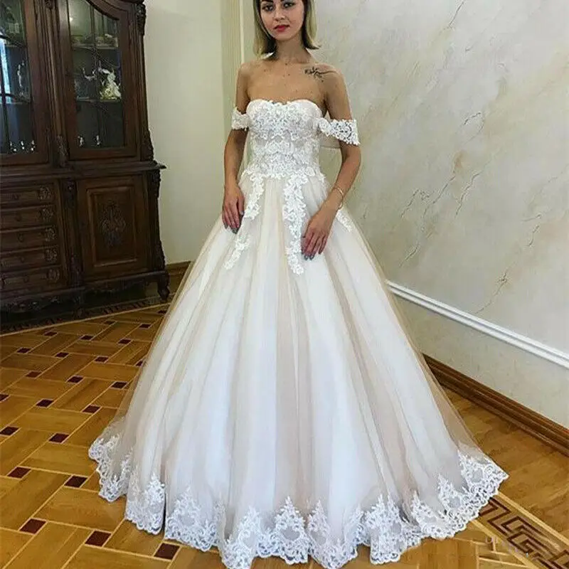 

NUOXIFANG Elegant Off the Shoulder A-Line Lace Appliques Tulle Wedding Dresses 2020 Sweep Train vestido De Noiva Bridal Gowns