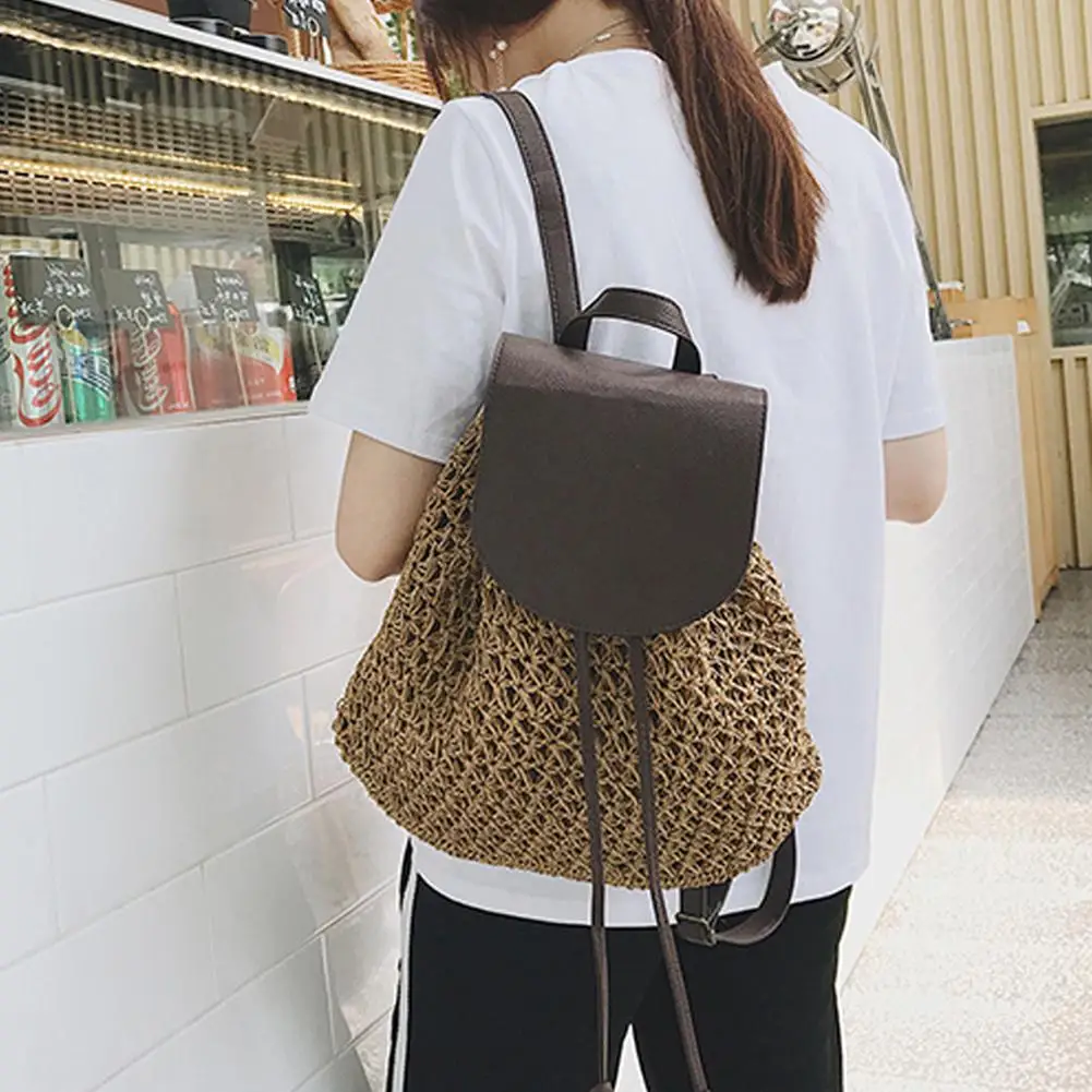 

Leather cover backpack Straw woven bag Beach bag Woven bag Vacation to school travel bag