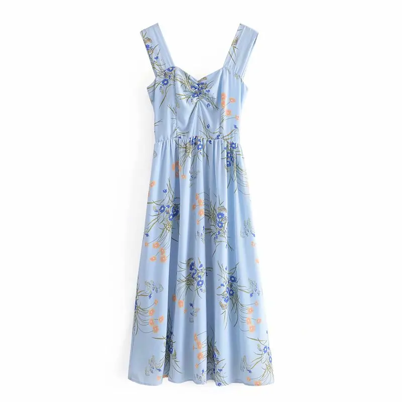 

New Women Vogue Floral Printed Backless Midi Dress Straps Waist Elastic Vintage Female Dresses Woman Robe femme