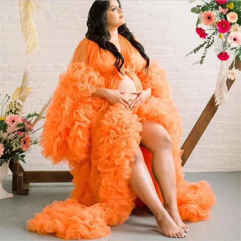 А-силуэт оранжевые платья для выпускного вечера с оборками халаты беременных