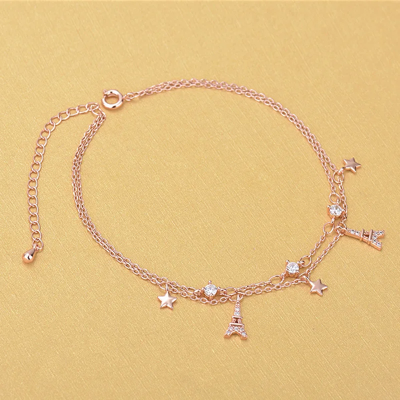 Good Quality Korea Style Rose Gold Rhinestone Crystal Star Eiffel Tower Charm Anklets Jewelry For Gifts | Украшения и аксессуары