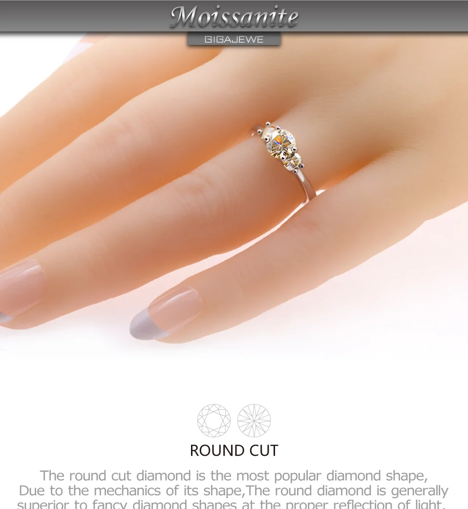 GIGAJEWE Moissanite 1ct 5,5 мм+ 2X3,5 мм круглая огранка желтого цвета 925 Серебряное кольцо золотое многослойное покрытие модный подарок для девушки