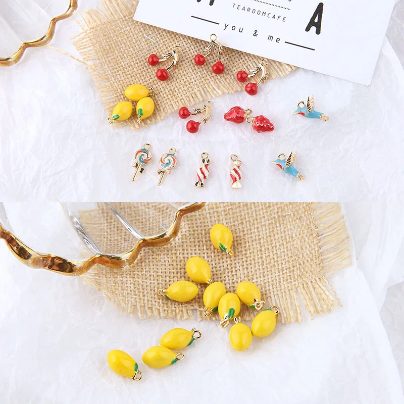

DIY handmade jewelry accessories plated with real gold stereo cherry strawberry lemon bird lollipop pendant earring material