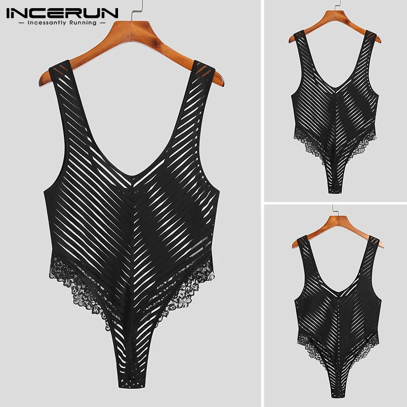 

Fashion New Men's Loungewear Breathable Mesh Rompers Lace Striped Jumpsuit Male Sleeveless Patchwork Onesies S-5XL 2021 INCERUN