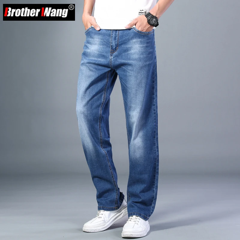 6 Colors Spring Summer Men's Thin Straight-leg Loose Jeans Classic Style  Advanced Stretch Baggy Pants Male Plus Size 40 42 44