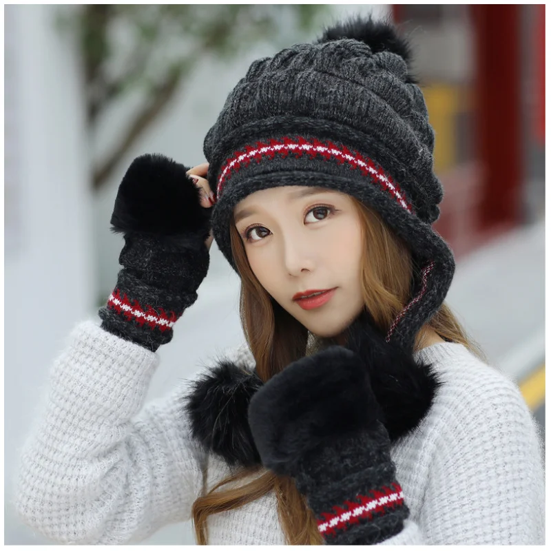 

Ladies autumn/winter Korean casual knitted hat, cute fur ball thickened warm ear protection hat, outdoor riding sports rabbit fu
