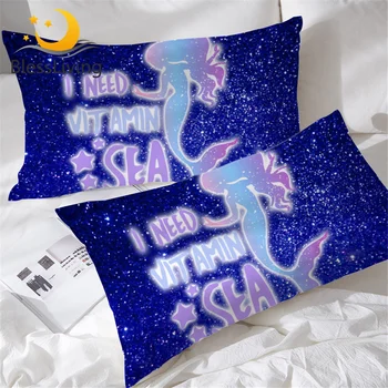 BlessLiving Girls Mermaid Pillowcase Cartoon for Kids Pillow Case Blue Sea Pillow Cover Marine Creature Bedding 2-piece 50x75cm 1