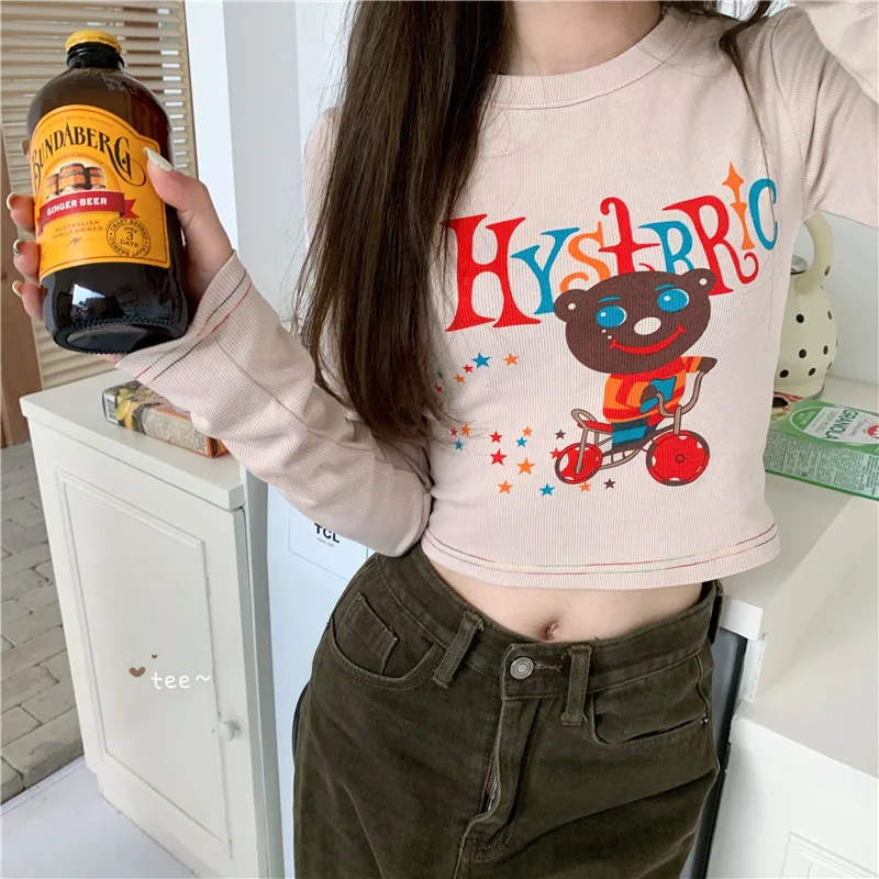 

Women Cartoon Printed Tops, Long Sleeve Round Neck Lettering Crop Tops, Women Clothing