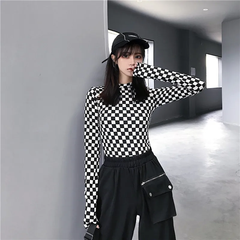 

2022autumn and winter women's black and white plaid slim small high-neck tight-fitting bottoming shirt long-sleeved T-shirt