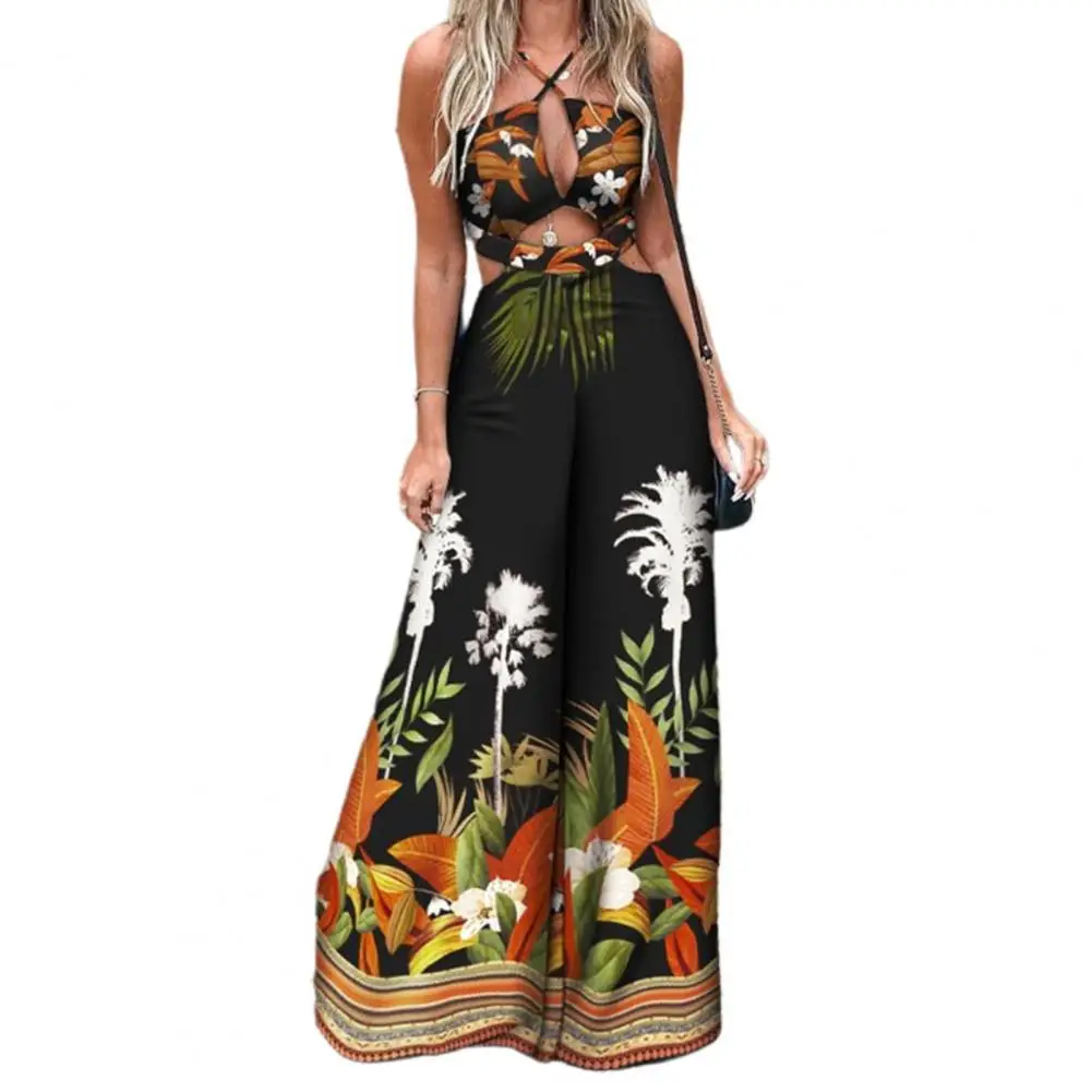 

Summer Sexy Jumpsuit Cross-criss Hollow Out Women Casual Wide Leg Pants Vintage Romper Spring Banana Leaf Print Beach Overalls