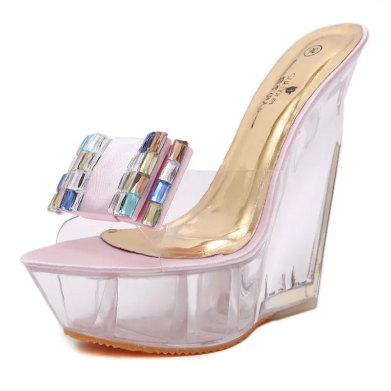 

14cm sexy summer women's shoes wedge high heel platform sandals super high heel waterproof platform transparent rhinestones