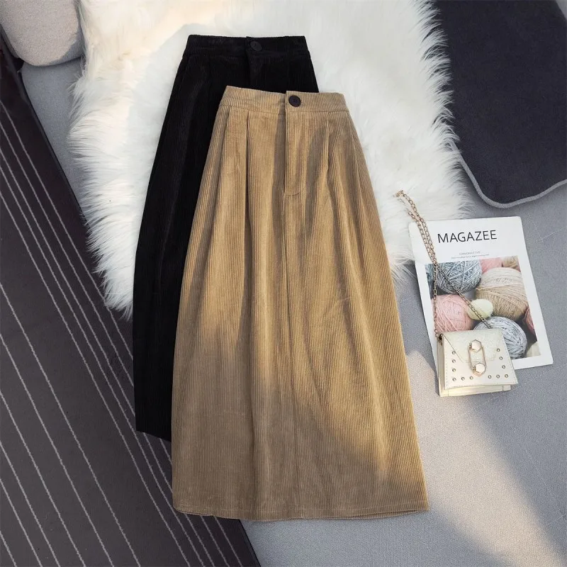 

Women's Corduroy Midi Skirts Vintage Brown Black High Waist A-line Skirts Female 2021 Autumn Winter Fashion Long Skirt