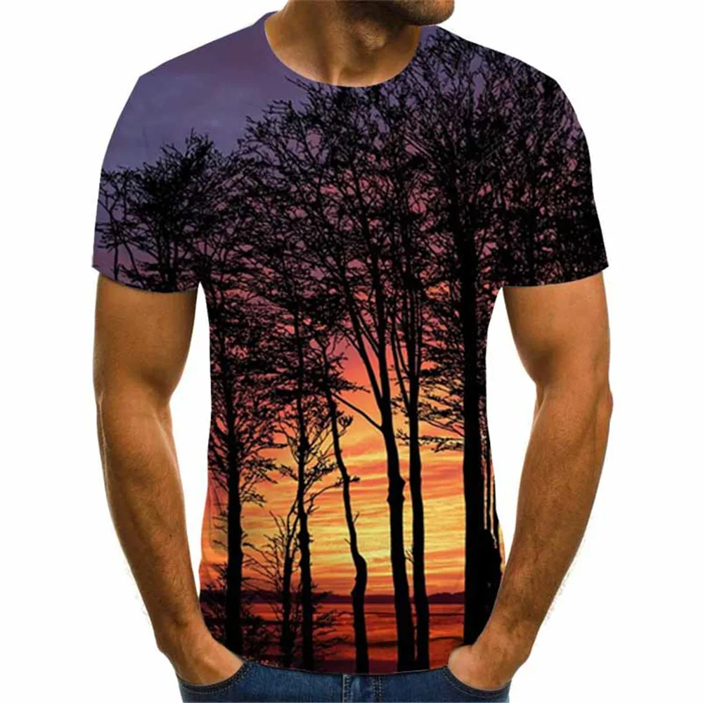 

2021 new summer men's forest scenery 3D printing T-shirt fashion casual t-shirt round neck polyester shirt short sleeves