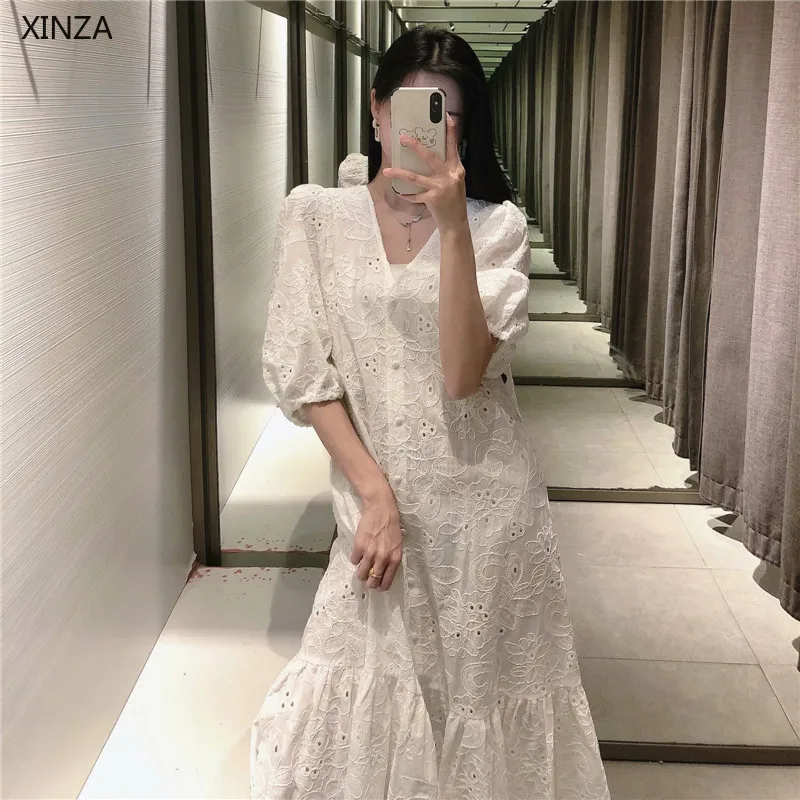 

ZA Women White Openwork Embroidered Eyelet Midi Dress 2021 Puff Sleeve Ruffle Hem Summer Party Dresses Female Cotton Vestidos