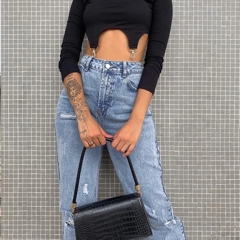 

2021 Fashion Rippde Jeans Women High Waist Straight Denim Mom Pants Baggy Jeans Women Washed Blue Casual Female Cotton Pants New