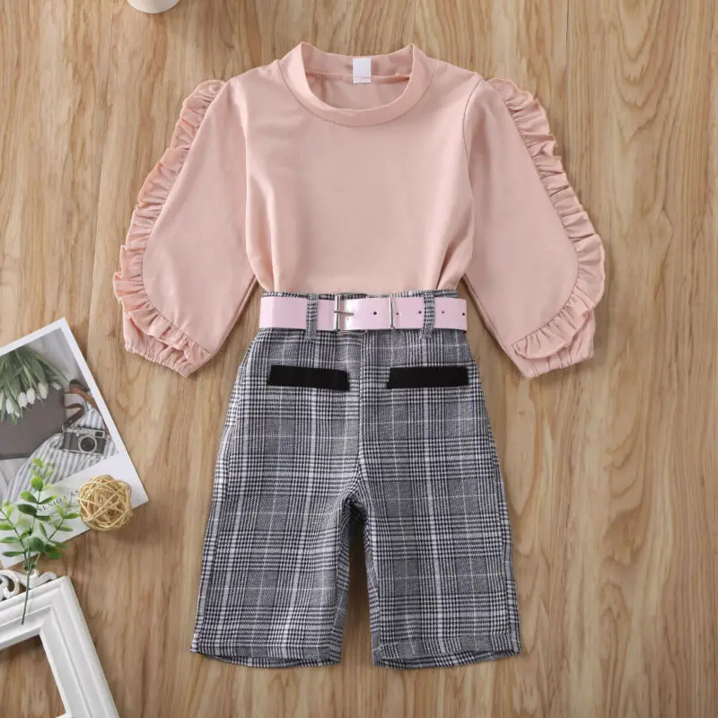 

Imcute 2020 Autumn Spring Cute Baby Kid Girl Clothes Sets 1-6Y Solid Ruffles Long Sleeve Tops + Plaid Pants + Belt Clothes 3PCS