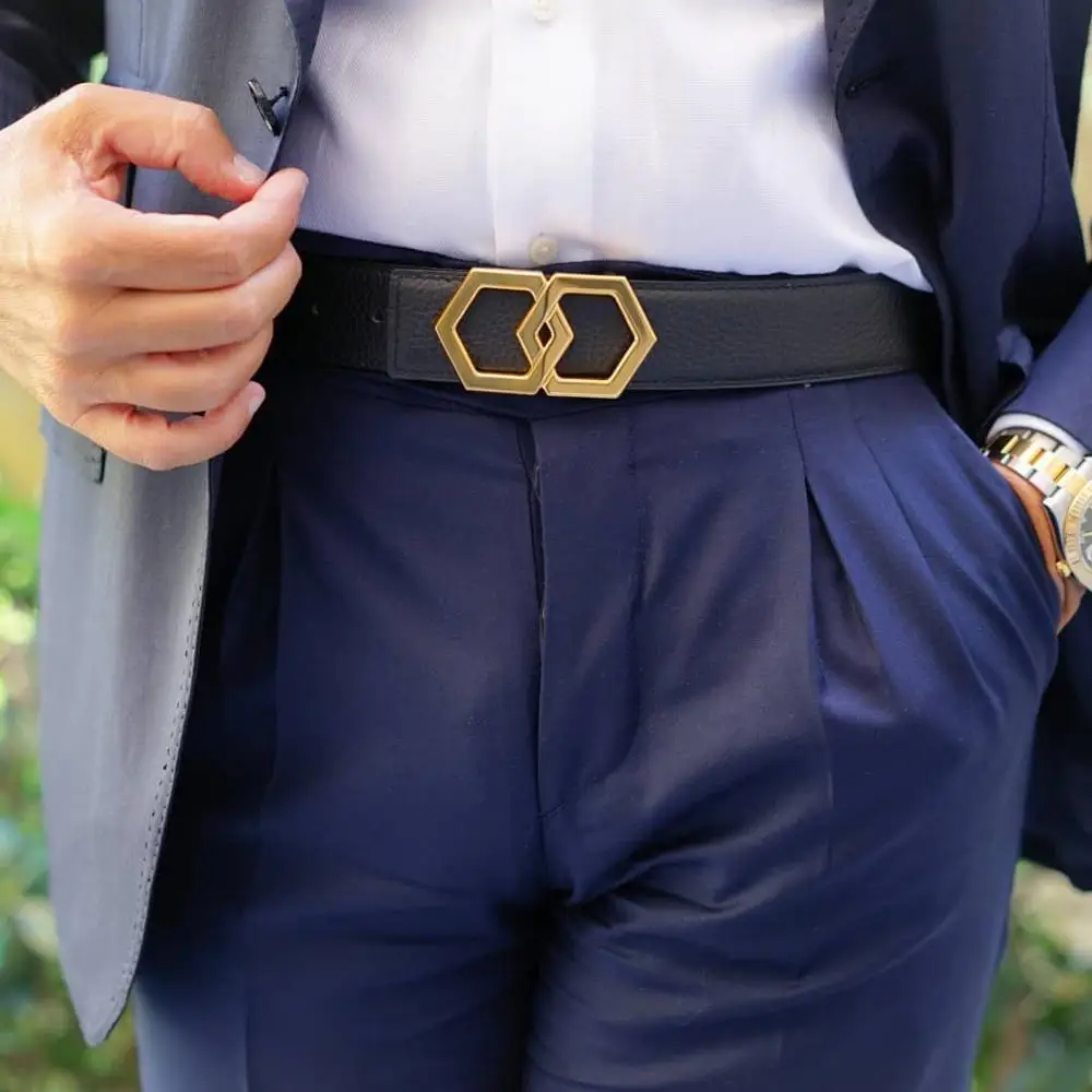 Genuine Lichi Leather Luxury Brand Hexagon Belt Men Gift Women Classy Bling Buckles Stainless Steel Hex Tie Black Belt Accessory