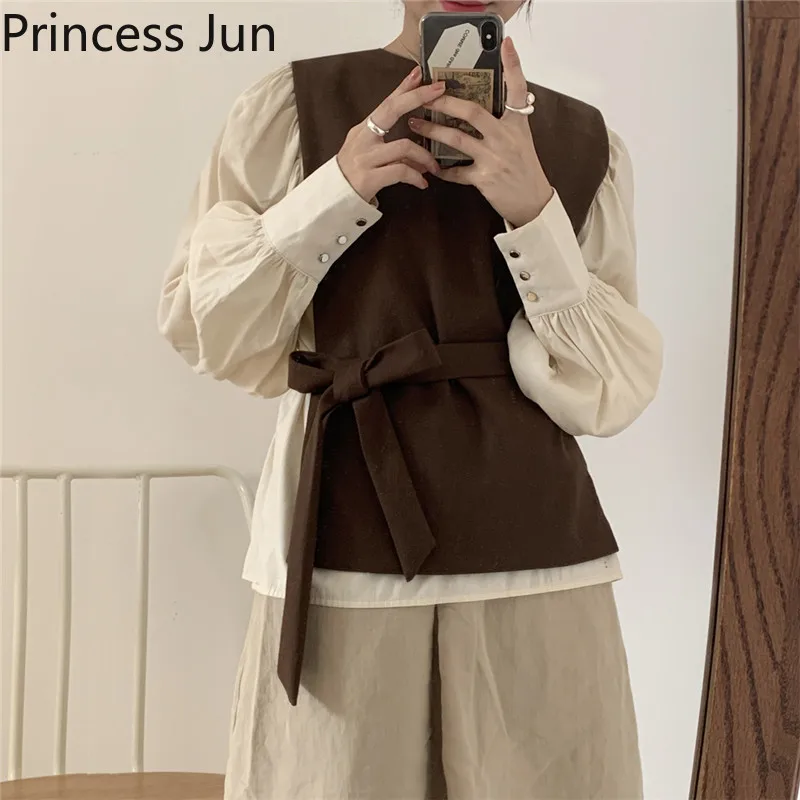 

Women Two Piece Sets Long Sleeve Chic Retro Round Neck Tie Waist Waistcoat+loose Puff Sleeve Shirt High Fashion 2pc Shirt Set