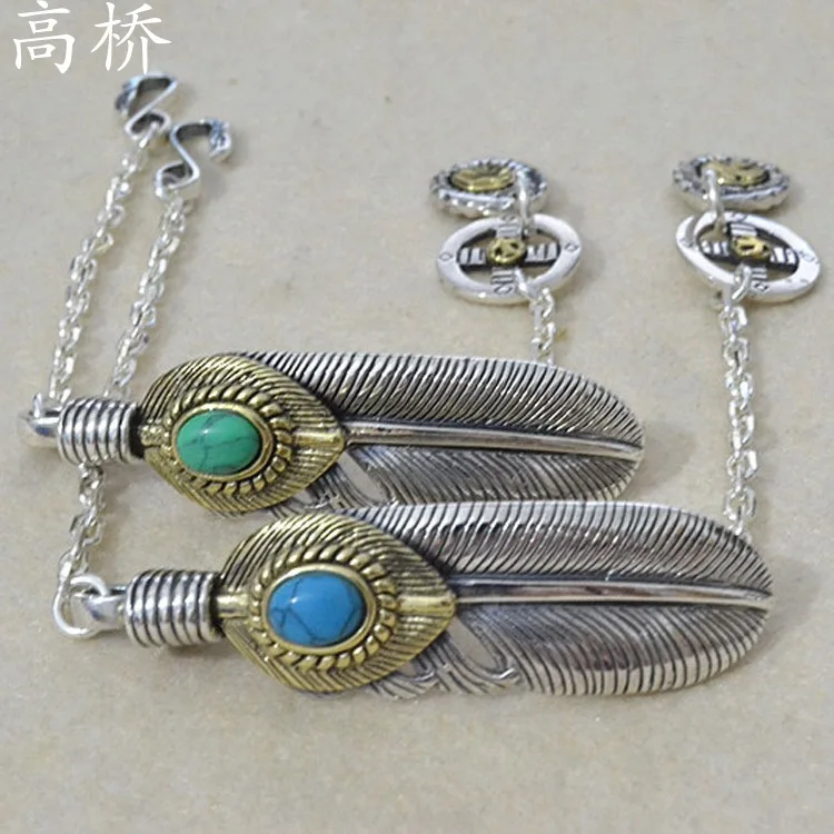 

Sterling Silver Creative Diy Turquoise Retro Takahashi Kagura goro's Personality Bracelet Retro Thai Silver Feather Bracelet