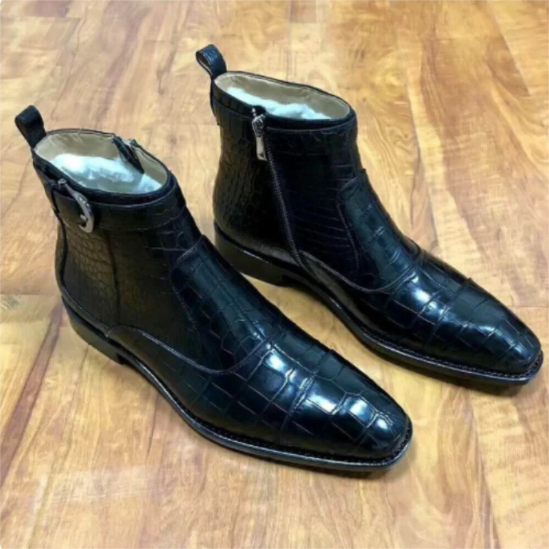 

Men's Handmade PU Black Crocodile Pattern Pointed Toe Chelsea Fashion Short Boots Retro Classic All-match Casual Boots 9KL002