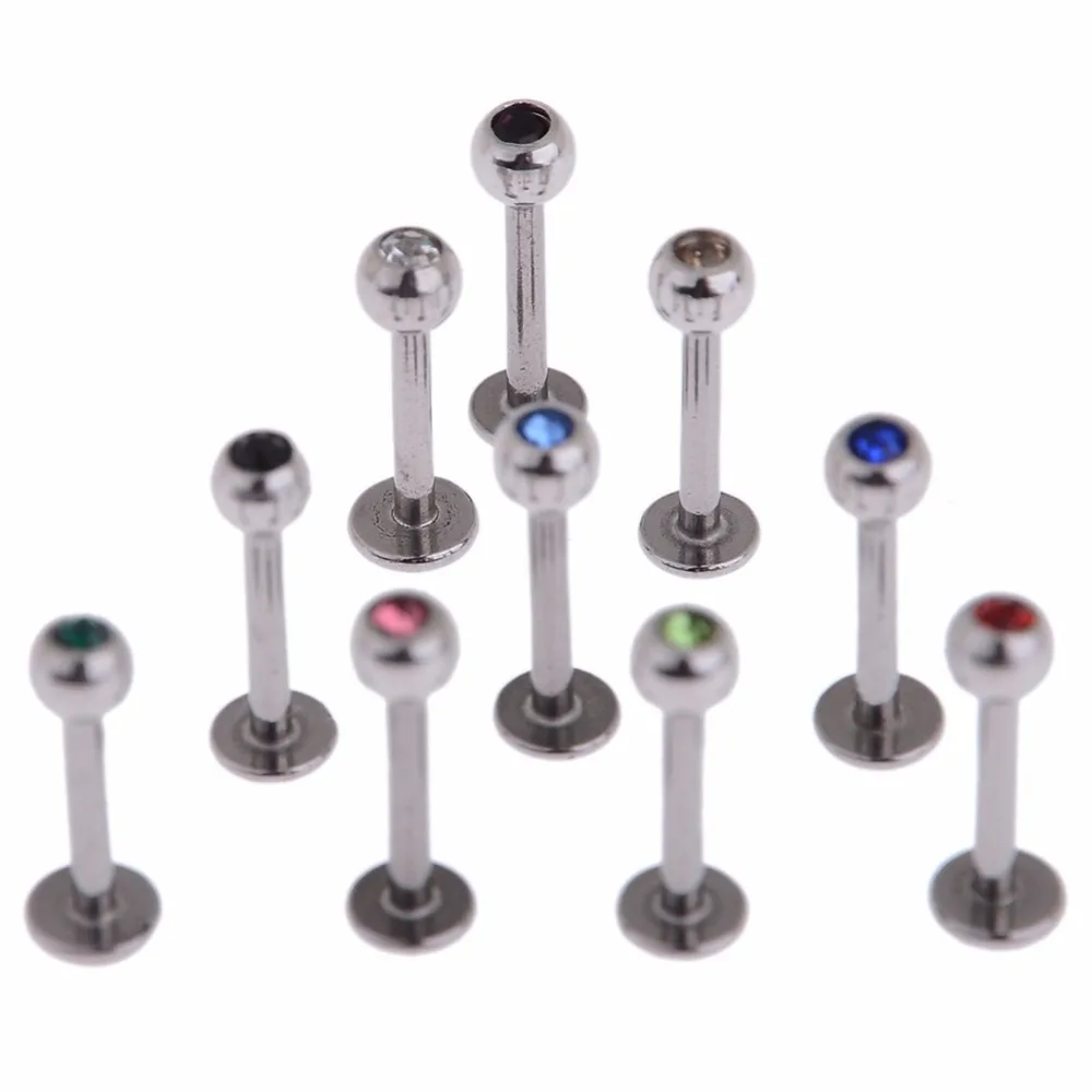 

10pcs Mixed Color Rhinestone Crystal Stainless Steel Ball Eyebrow Nose Labret Lip Tongue Ring Body Piercing Jewelry Wholesale
