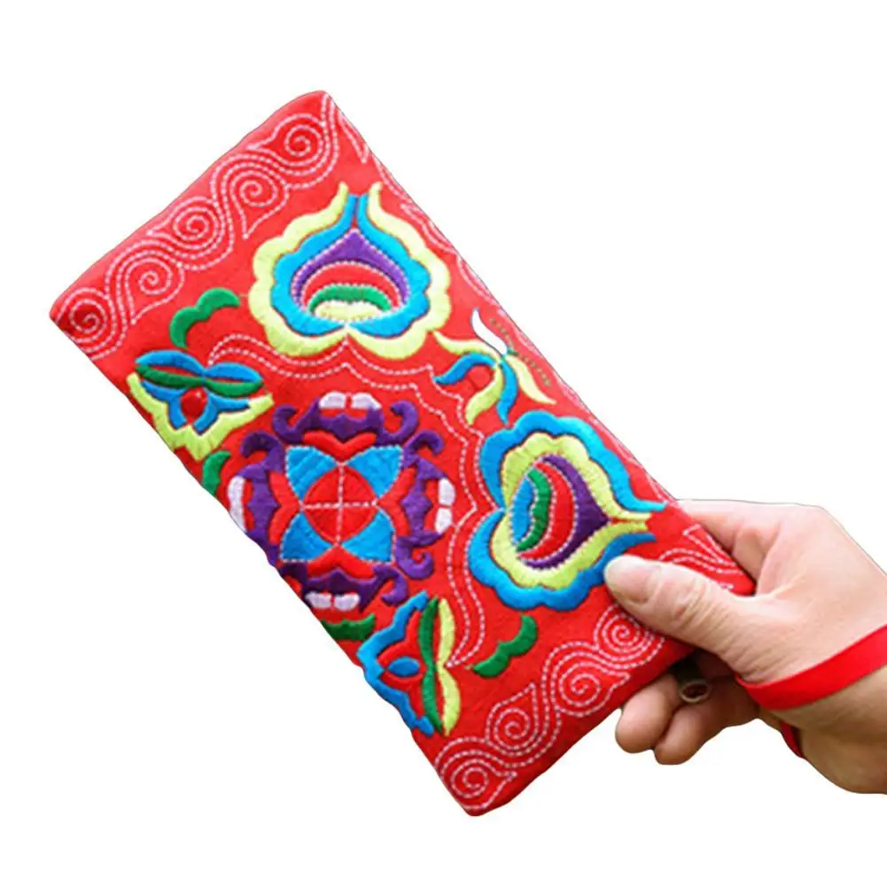 Women Coin Purse Ethnic Handmade Embroidered Wallet Clutch Bag Zipper Purse Long Wallet Cellphone Pouch Handbag Tote