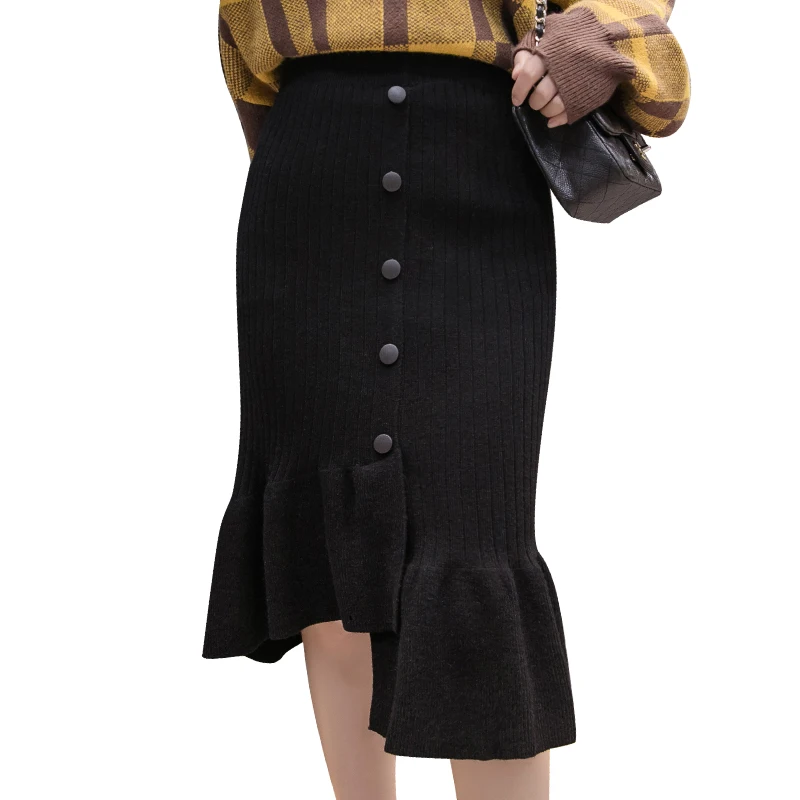 

JXMYY 2020 autumn and winter knitted skirt bag hip skirt fishtail skirt mid-length lotus leaf irregular wool skirt