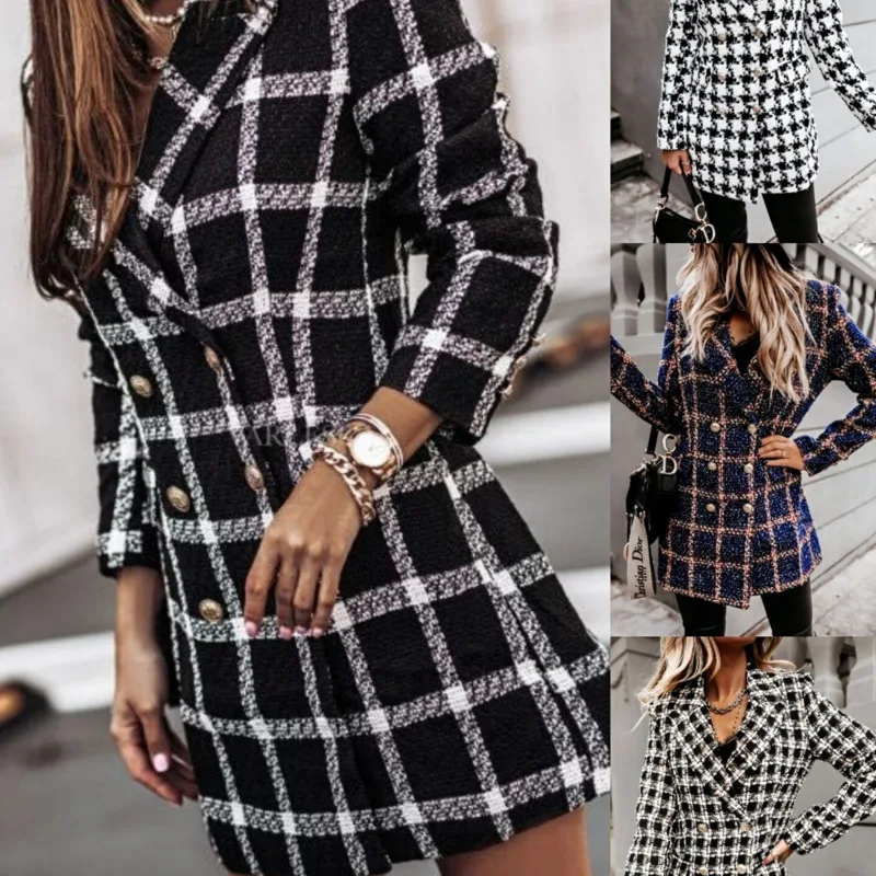 

2021 Winter New Women Long Sleeve Double Breasted Slim Blazers Casual Fashion Vintage Plaid Suit Outwear Overcoat