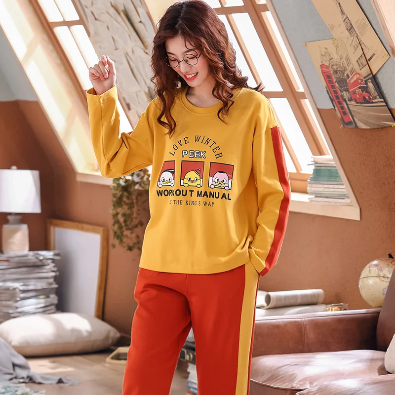 Style 2006 Пижамный комплект, Женский хлопковый весенне-осенний костюм из двух предметов с длинными рукавами, большие размеры, зимние студенческие милые брюки и топ, одежда для сна - Цвет: Style 2006