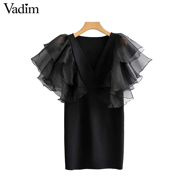 Женское элегантное платье vadim оборками органза черного цвета с коротким рукавом