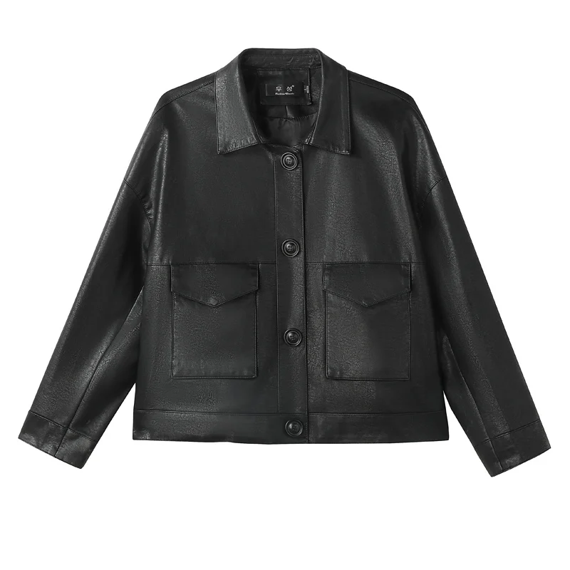 

Women Autumn Black Soft Faux Leather Jackets Single Breasted Coat Pockets Designer Korean Clothing Female Faux leather Outerwear