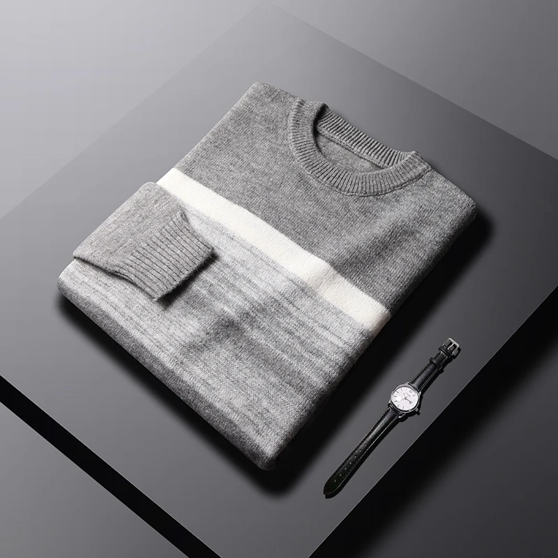 Мужской кашемировый свитер в полоску с длинным рукавом и круглым вырезом |