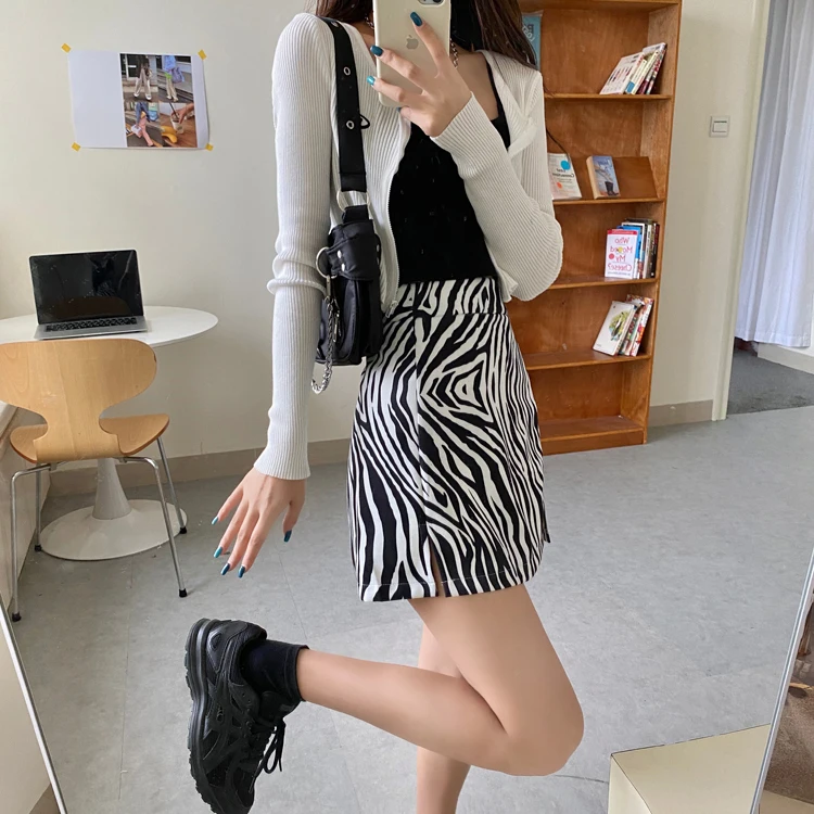 

2021 Spring Summer Women Zebra A-line Simple Skirts Above Knee Vintage Split Skirt Female Short Skirts Bottoms For Girls