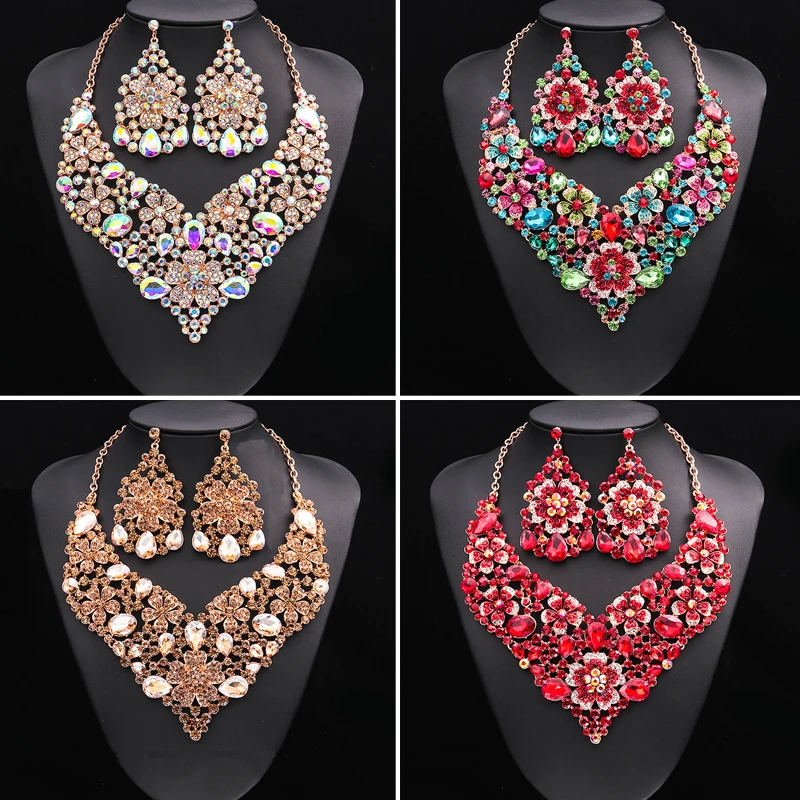 

Luxury Crystal Necklace Earrings Statement Rhinestone Jewelry Sets Bridal Wedding Party Collar Bibs African Costume Accessories