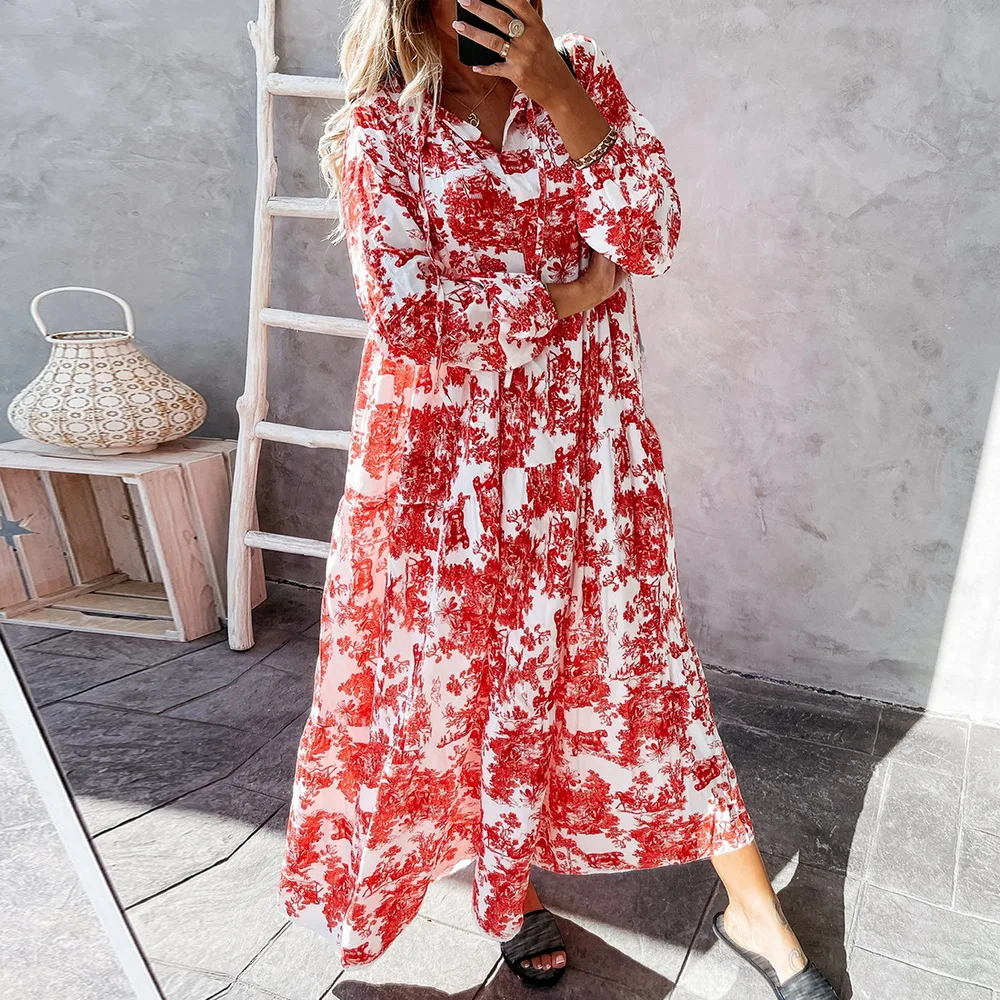 

2021 Summer New Flower Print Loose Dress Fashion Lace-Up Drawstring V Neck Long Dress Women Elegant Long Sleeve Party Dress XXL