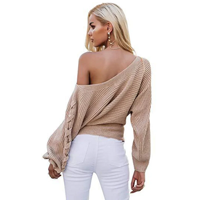 

Sexy Women Long Sleeve V-Neck Cross Knitted Sweaters Pullovers Women Loose Jumper Long Sleeve Sweater Female