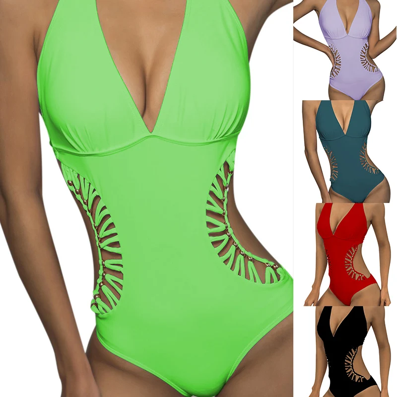 

Women Deep V Halter Swimsuit Hollow out Beaded Bikini Women Swimwear Bathing Suit CMG786